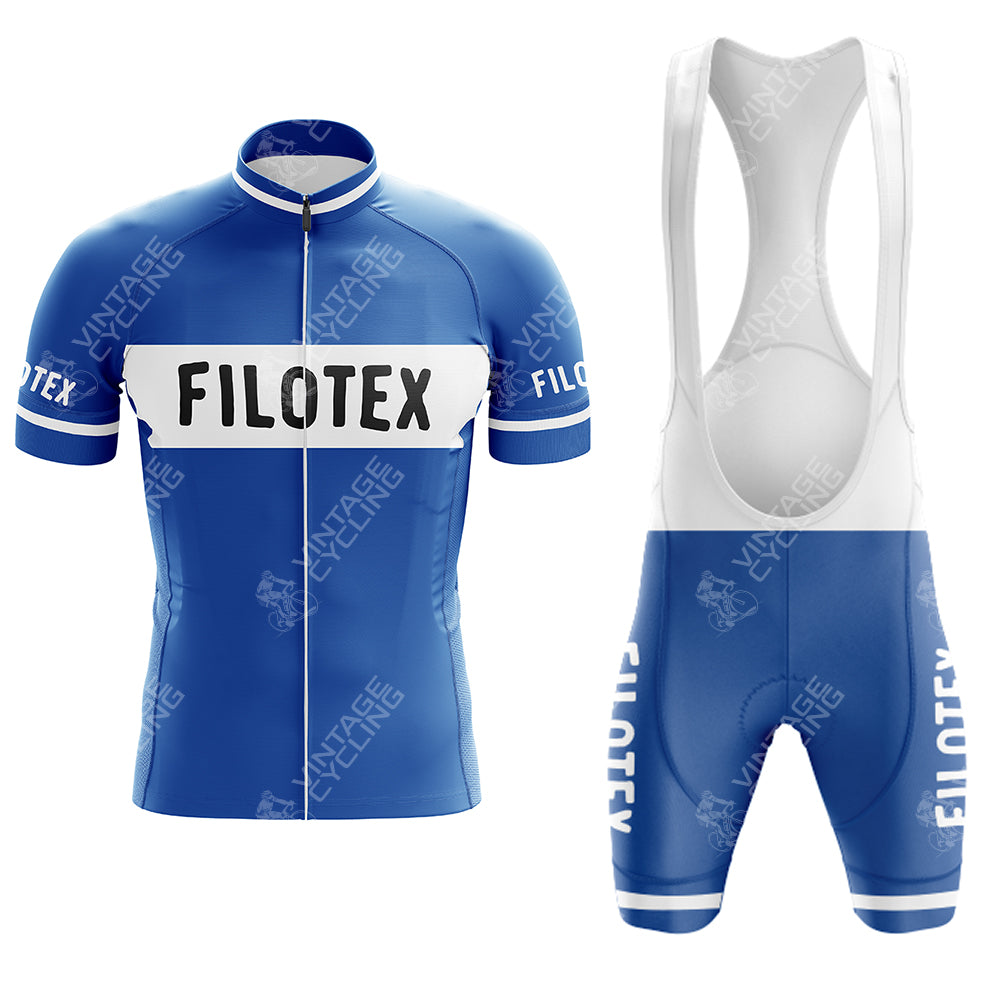 The FORD White Blue Retro Short Sleeve Cycling Set features a classic design with FILOTEX on the jersey and bib shorts. A subtle watermark on the jersey complements the matching style of the bib shorts and white suspenders, creating a timeless look for cyclists.