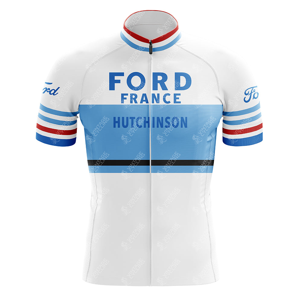 The Ford France Hutchinson Retro Cycling Jersey is lightweight polyester, featuring blue horizontal stripes with FORD FRANCE and HUTCHINSON text. It has a fitted design, zippered front, and sleeves with red, white, and blue stripes for a classic look.