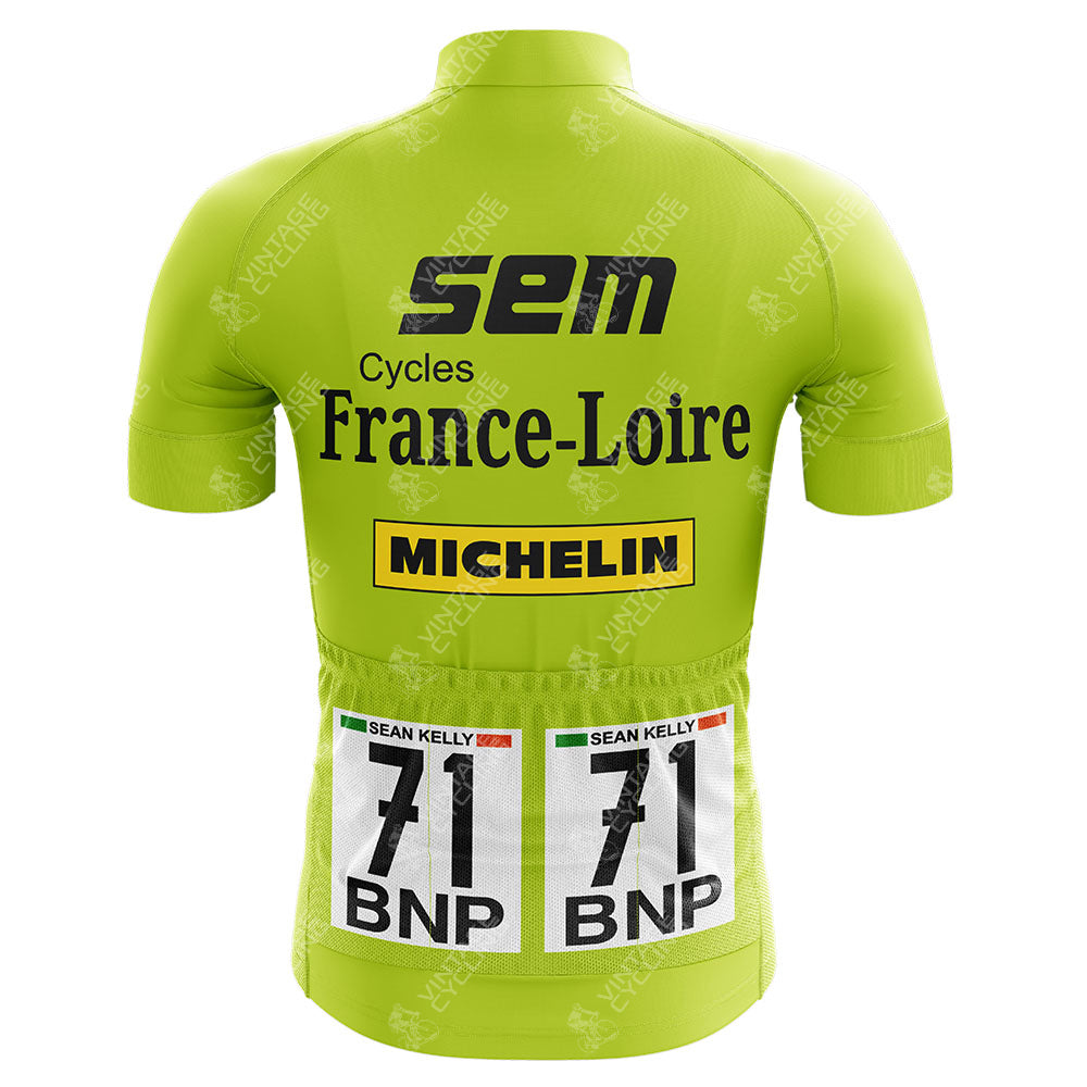 This classic Tour De France 1982 Retro Cycling Jersey is a vibrant green featuring SEM, Cycles France-Loire, and Michelin logos. The back displays number 71 above BNP and two pockets with number cards, capturing vintage cycling style.
