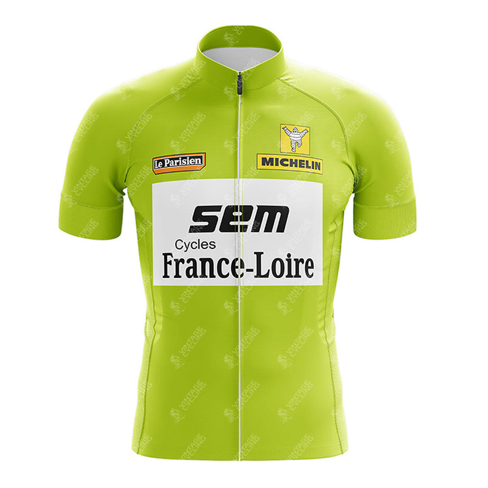 The SPLENDOR Retro Short Sleeve Cycling Set is bright green and features front logos for SEM, France-Loire, Le Parisien, and Michelin. The customizable jersey includes a high collar and front zipper for comfort.
