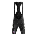 The SPLENDOR Retro Short Sleeve Cycling Set includes black bib shorts with white WSM text on each leg, a small round colorful patch on the left thigh, a white triangle logo on the right thigh, and comfy shoulder straps for a stylish complete look.