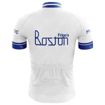 The Frigos Boston Retro Cycling Jersey features a back view in white with blue accents, Frigos Boston in bold blue, lightweight polyester construction, and sleeves with blue stripes and Mavic, blending performance and style.