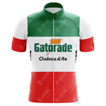 The Gatorade Chateau DAx Retro Cycling Jersey features green, white, and red stripes with Gatorade Chateau DAx logos on the front. Made from lightweight polyester, it combines style and comfort.