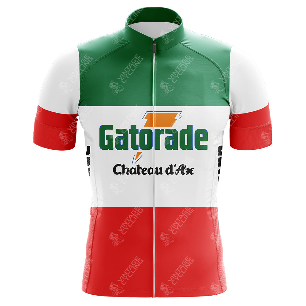 The Gatorade Chateau DAx Retro Cycling Jersey features green, white, and red stripes with Gatorade Chateau DAx logos on the front. Made from lightweight polyester, it combines style and comfort.