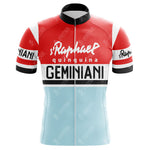 The St Raphael Quinquina Geminiani Retro Cycling Jersey features a red top, light blue bottom, black trim on sleeves and collar, and bold white/black text displaying St Raphael Quinquina and Geminiani, offering a classic look for cycling fans.