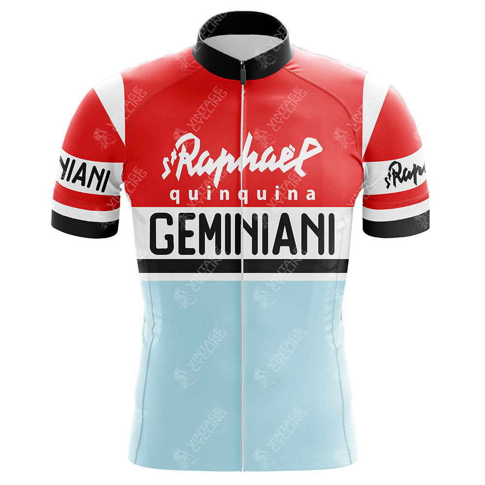 The St Raphael Quinquina Geminiani Retro Cycling Jersey features a red top, light blue bottom, black trim on sleeves and collar, and bold white/black text displaying St Raphael Quinquina and Geminiani, offering a classic look for cycling fans.