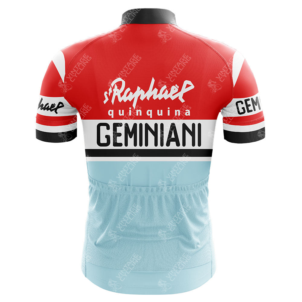 The back of the St Raphael Quinquina Geminiani Retro Cycling Jersey features Gemignani prominently on its vibrant red, white, and light blue fabric. Black and white stripes adorn the sleeves and collar, with St Raphaël Quinquina adding a classic touch.