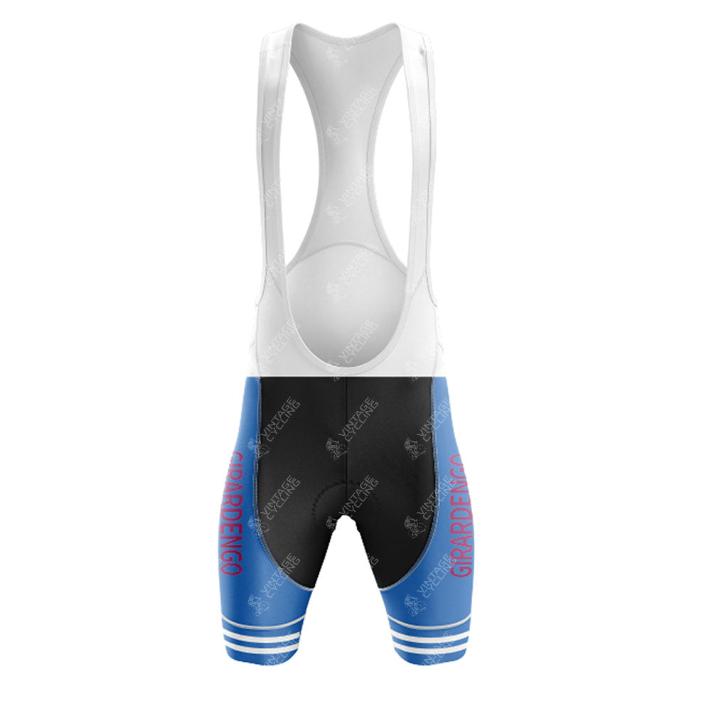 Pair these blue-legged cycling bib shorts (black seat, white straps, “GIARDENGO” in pink, white stripes near leg openings) with the Marc Superia Blue Retro Short Sleeve Cycling Set or a custom jersey for a classic look.