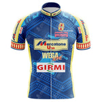 The Mercatone Uno Wega Retro Cycling Jersey is blue with yellow accents and sponsor logos like GIRO, Mercatone Uno, and magniflex materassi. Designed in tribute to Marco Pantani, it has short sleeves and a front zipper, embodying the essence of classic racing days.
