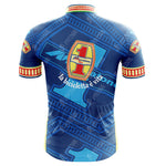 The back of the Mercatone Uno Wega Retro Cycling Jersey is blue with red and yellow trim, showcasing multiple Mercatone Uno logos. It features geometric patterns, the text la bicicletta è vita, and a striking red-detailed number 1, celebrating Marco Pantanis legacy.