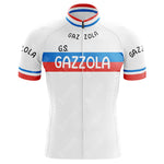 The G. S. Gazzola Retro Cycling Jersey showcases Gazzola in bold red on the chest, with timeless blue and red stripes. The GAZ ZOLA appears in black at the top, and G.S. is subtly on the right chest, encapsulating an iconic Italian look, with blue and red stripe accents on the sleeves.