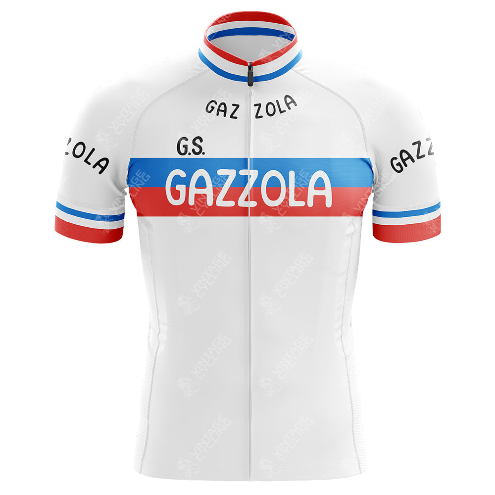 The G. S. Gazzola Retro Cycling Jersey showcases Gazzola in bold red on the chest, with timeless blue and red stripes. The GAZ ZOLA appears in black at the top, and G.S. is subtly on the right chest, encapsulating an iconic Italian look, with blue and red stripe accents on the sleeves.