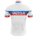 This G. S. Gazzola Retro Cycling Jersey showcases blue and red horizontal stripes on the back across the chest and arms, with GAZZOLA prominently printed and GAZ on the sleeves, echoing classic Italian style.