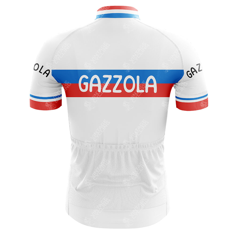 This G. S. Gazzola Retro Cycling Jersey showcases blue and red horizontal stripes on the back across the chest and arms, with GAZZOLA prominently printed and GAZ on the sleeves, echoing classic Italian style.