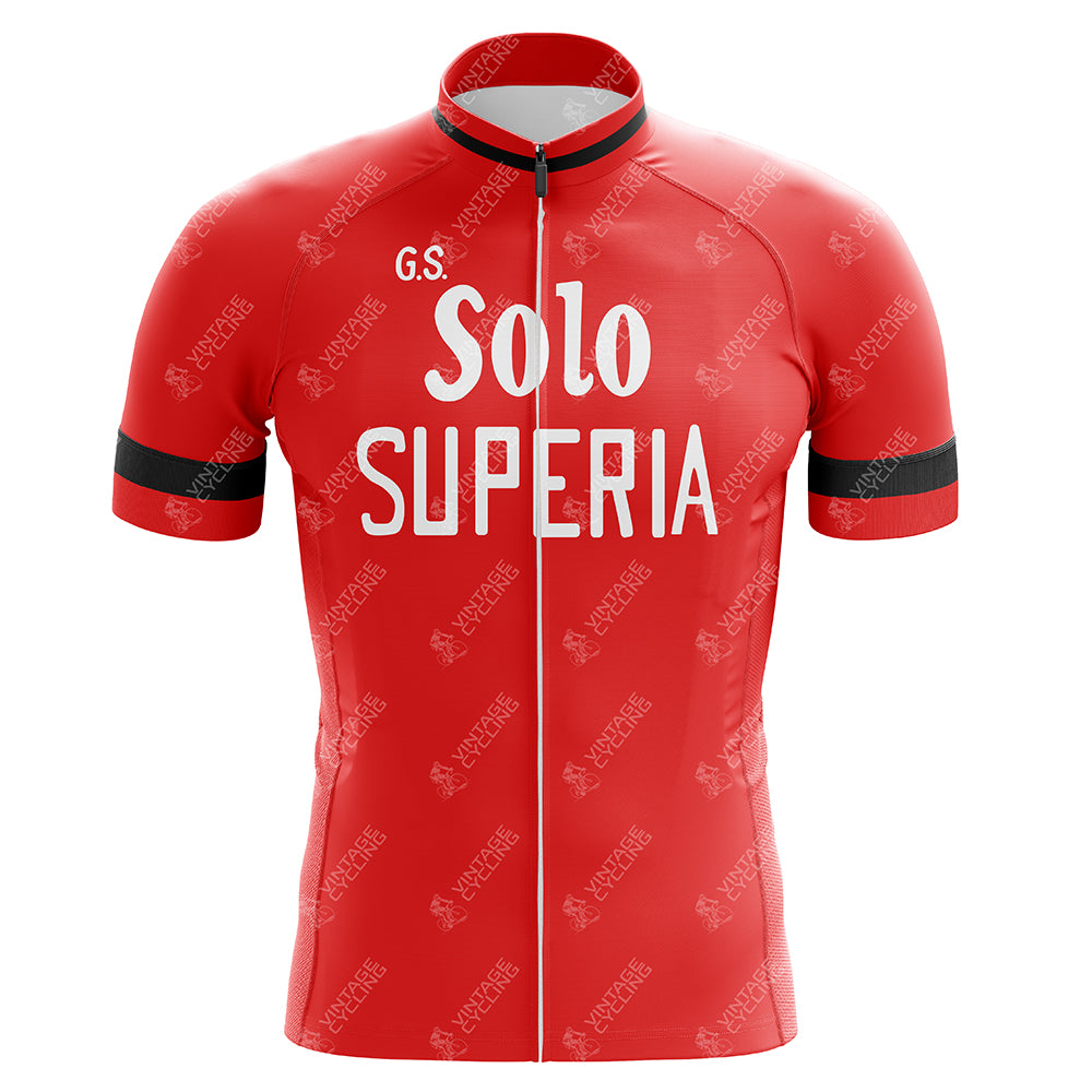 The G.S. Solo Superia Retro Cycling Jersey is made from lightweight polyester and features Solo Superia text in white, black sleeve stripes, and a front zipper that enhances its sleek design.