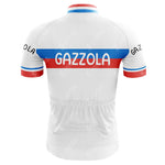 This G. S. Gazzola Retro Cycling Jersey showcases blue and red horizontal stripes on the back across the chest and arms, with GAZZOLA prominently printed and GAZ on the sleeves, echoing classic Italian style.