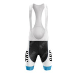 Rear view of the Gios Torino Retro Short Sleeve Cycling Set with black, white, and blue bib shorts. L V C H E is printed on the shorts, featuring bold CRC on the sides. White shoulder straps and blue leg cuffs complete the look.