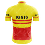 The G.S. Ignis Retro Cycling Jersey showcases a back view with IGNIS text, red stripes, and red-yellow sleeve accents. The lower half features a red section with pockets, combining retro style with functionality.