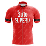 The G.S. Solo Superia Retro Cycling Jersey is made from lightweight polyester and features Solo Superia text in white, black sleeve stripes, and a front zipper that enhances its sleek design.