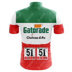 The Gatorade Chateau DAx Retro Cycling Jersey showcases red, white, and green stripes with Gatorade Chateau dAx and 51 G. Bugno on the back, plus a Ricoh logo below. Crafted from lightweight polyester, it blends classic style with modern comfort for an iconic ride.