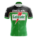 The Gatorade Retro Short Sleeve Cycling Set features Gatorade and Chateau dAx branding, green and black hues with white shoulder text, and a bold red and white lightning bolt logo on the front.