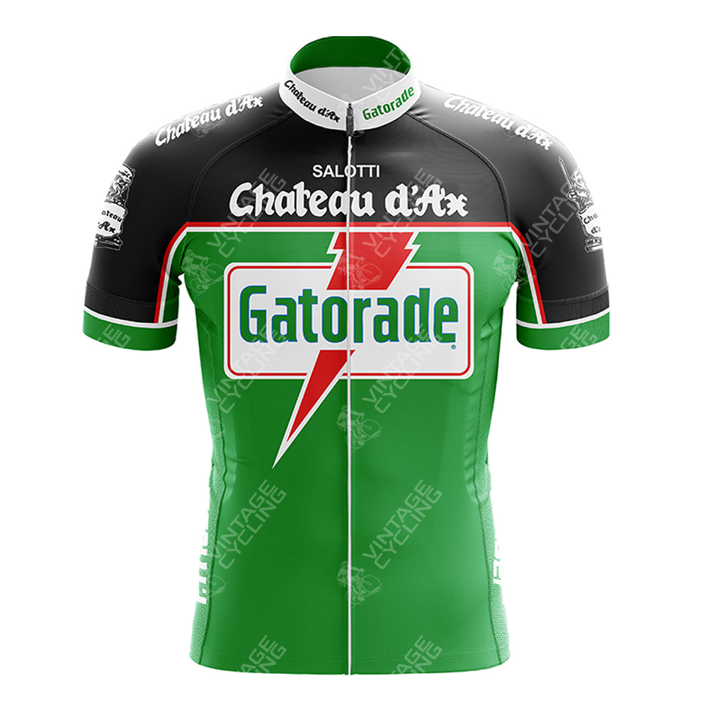 The Gatorade Retro Short Sleeve Cycling Set features Gatorade and Chateau dAx branding, green and black hues with white shoulder text, and a bold red and white lightning bolt logo on the front.