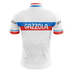 The image displays the LA REDOUTE Retro Short Sleeve Cycling Set, a white jersey with red and blue stripes, featuring GAZZOLA on the back and sleeves. This vintage-style set is ideal for those who appreciate classic cycling aesthetics.