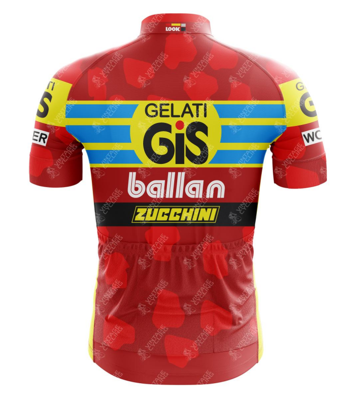 Back view of the GiS Gelati 1991 Retro Cycling Jersey, featuring bright retro colors. Predominantly red with blue and yellow stripes, it displays logos like GiS Gelati, Ballan, and Zucchini on the upper back.