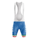The gan Blue Retro Short Sleeve Cycling Set features GIOS cycling bib shorts with a vintage feel, showcasing blue legs with GIOS in white on the sides. White straps and Italian flag-inspired green and red bands at the hems complete this stylish set.
