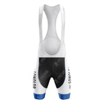 The white and black cycling bib shorts with blue trim offer a sleek, sporty look. Featuring shoulder straps and branding, they pair perfectly with the Solo Superia Red Retro Short Sleeve Cycling Set for a coordinated ensemble. Consult our sizing guide to ensure the perfect fit.
