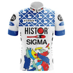 The Histor-Sigma Retro Cycling Jersey boasts a vibrant design with blue and white geometric patterns at the top, Histor-Sigma text in the center, colorful paint splashes at the bottom, and logos like Ford on the sleeves and chest, celebrating the legacy of the Belgian cycling team.