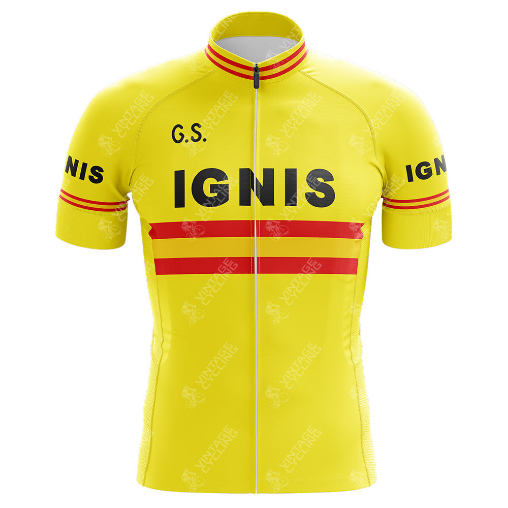 The G.S. Ignis Retro Cycling Jersey is vibrant yellow with bold red stripes across the chest, G.S. on the side, and IGNIS in the center and sleeves. It features a front zipper and a red-detailed collar, showcasing classic vintage charm.