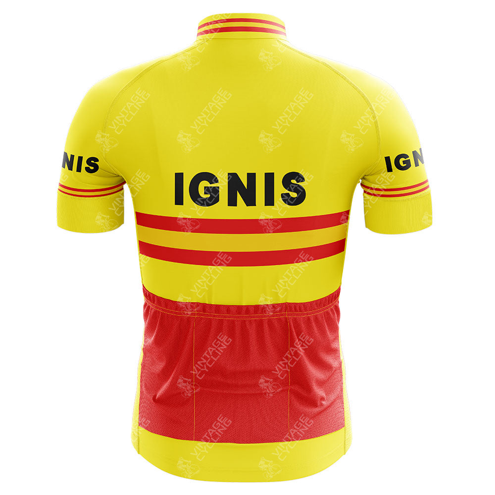 The G.S. Ignis Retro Cycling Jersey showcases a back view with IGNIS text, red stripes, and red-yellow sleeve accents. The lower half features a red section with pockets, combining retro style with functionality.