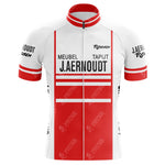The Jacky Aernoudt Meubel Rossin Retro Cycling Jersey features a red and white design with bold stripes, celebrating the iconic Paris Roubaix race. Branding on the chest, sleeves, and collar adds to its classic look.