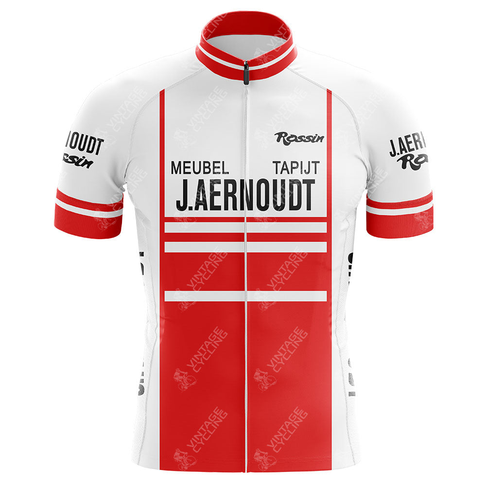 The Jacky Aernoudt Meubel Rossin Retro Cycling Jersey features a red and white design with bold stripes, celebrating the iconic Paris Roubaix race. Branding on the chest, sleeves, and collar adds to its classic look.