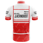 The rear of the Jacky Aernoudt Meubel Rossin Retro Cycling Jersey showcases a white and red design with MEUBEL TAPIJT J.AERNOUTD and Rassin, complemented by red stripes, multiple back pockets, and a tribute to the spirit of Paris Roubaix.