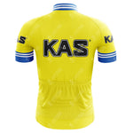 The KAS Retro Cycling Jersey features a back view with KAS in bold black letters on both the back and sleeve, complemented by blue and white stripe accents on the sleeve cuffs and collar. It includes a silicone waist strip for a secure fit, crafted from lightweight polyester for comfort.