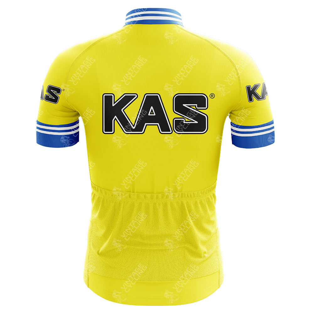 The KAS Retro Cycling Jersey features a back view with KAS in bold black letters on both the back and sleeve, complemented by blue and white stripe accents on the sleeve cuffs and collar. It includes a silicone waist strip for a secure fit, crafted from lightweight polyester for comfort.