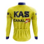 The KAS Retro Long Sleeve Cycling Set features a yellow jersey with KAS CANAL 10 in black and red on the back, blue collar and cuffs, three back pockets, and an optional fleece lining for cooler rides.
