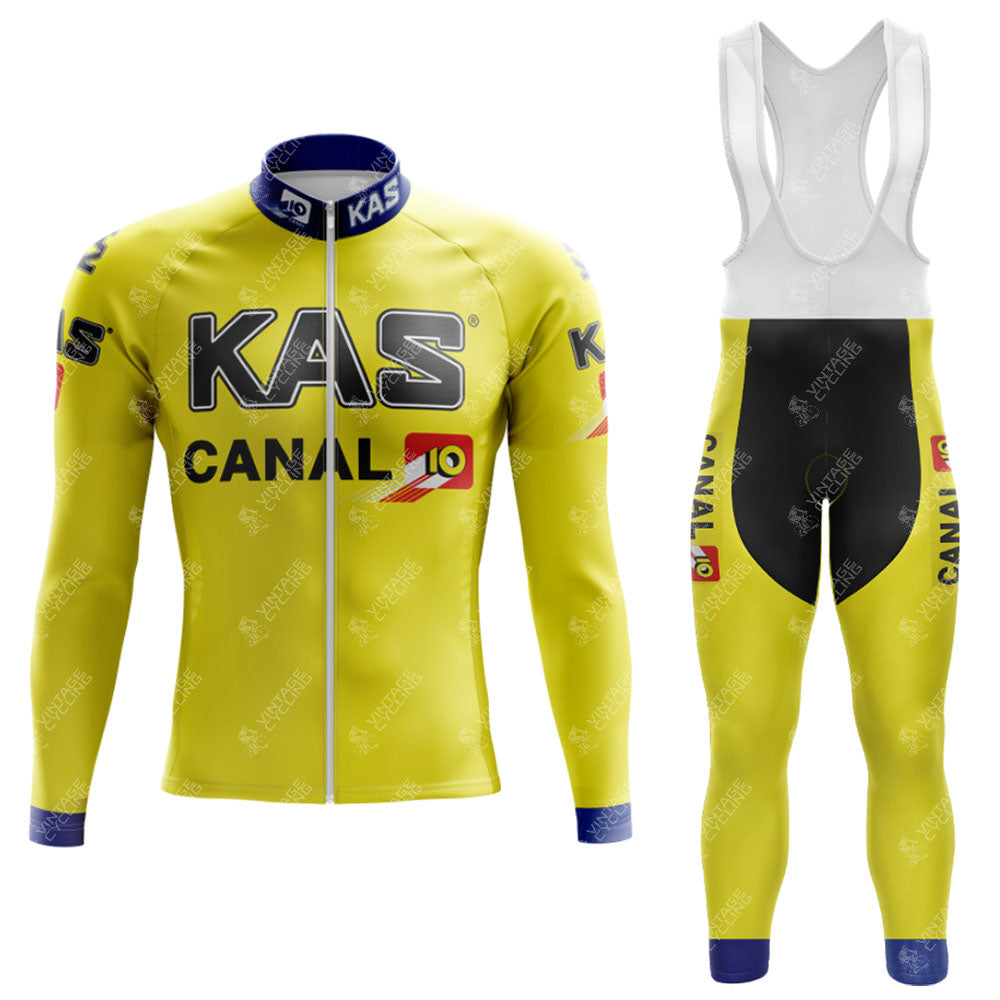 The KAS Retro Long Sleeve Cycling Set, branded with KAS and CANAL, includes a yellow and blue jersey with a front zipper and fleece option for cool rides. The bib trousers have shoulder straps and side branding.