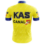 The KAS Retro Short Sleeve Cycling Set sports KAS and Canal 10 logos in black and red, featuring a vivid yellow color with bold blue accents on the sleeves and collar, perfect for vintage cycling enthusiasts.