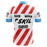 The KAS Skil Sem Retro Cycling Jersey features a primarily white design with red diagonal stripes, blue cuffs, and vintage black text. Logos including SKIL, MIKO, and SEM enhance its nostalgic appeal. Made from lightweight polyester, it also has an internal silicone waist strip for a secure fit.