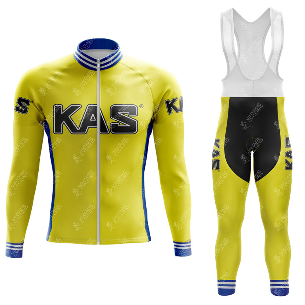 The KAS Yellow Retro Long Sleeve Cycling Set features a breathable jersey with bold KAS lettering, long-sleeve top, bib tights, and shoulder straps. The jacket highlights blue stripes on the cuffs and collar, combining style with performance. A fleece option is available for added warmth.