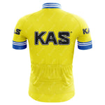 Back view of the KAS Yellow Retro Short Sleeve Cycling Set: bright yellow jersey with bold black KAS on upper back and sleeves, complemented by blue and white striped cuffs and collar, and matching shorts featuring a small lower back pocket.