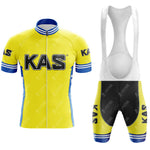 The KAS Yellow Retro Short Sleeve Cycling Set includes a yellow jersey with blue and white trim featuring KAS text, and matching bib shorts in yellow, blue, and white, also with KAS text.