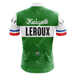 View of the green rokado Retro Short Sleeve Cycling Set, featuring a jersey with a white Helyett and Leroux stripe, red, white, and blue sleeve stripes, and multiple back pockets.