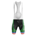 Front view of the rokado Retro Short Sleeve Cycling Sets bib shorts, featuring a vibrant green, black, and red design. Italy runs vertically with a unique blue and red hem stripe. The shoulder straps are classic white for a refined look.