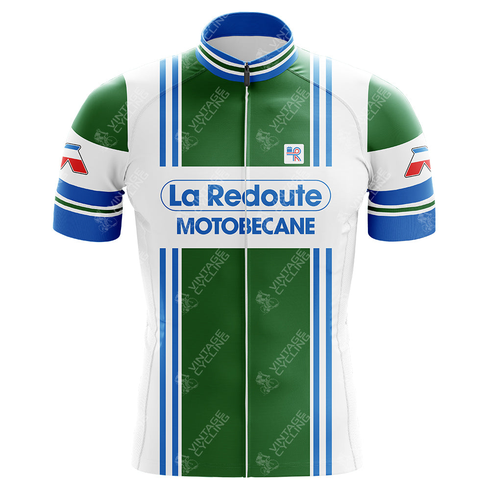 The La Redoute Motobecane Retro Cycling Jersey showcases green and white vertical stripes, La Redoute and Motobecane in bold blue text on the front, and blue bands with red and white accents on the sleeves for a classic retro cycling look.