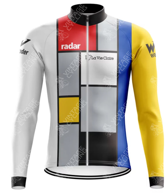 Discover the La Vie Claire Retro Cycling Jersey Long Set, inspired by Piet Mondrian. Featuring geometric patterns with red, blue, yellow, black, and white blocks, it includes fleece lining and logos like radar in red and Wonder on the sleeves.