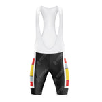 The La Vie Claire Retro Cycling Jersey Set includes bib shorts with a white upper and black shorts, featuring yellow, white, and red geometric patterns inspired by Mondrian. The design showcases a red rectangle with a white number 7, complementing the retro cycling jersey perfectly.